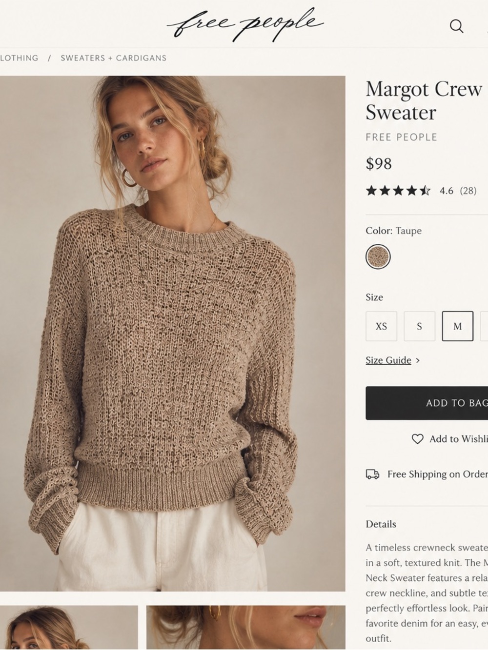 Free People Margot Crew Neck Sweater in Taupe
